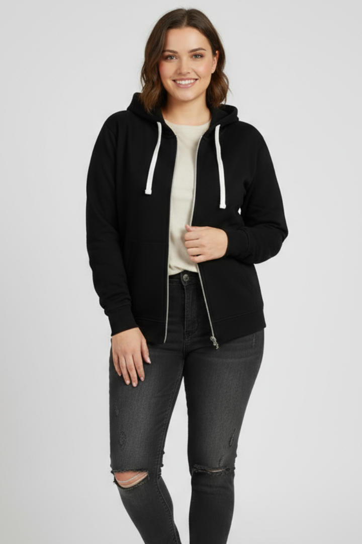 Stylish women's black outerwear hoodie, featuring a zip-up front, hood, and practical pockets