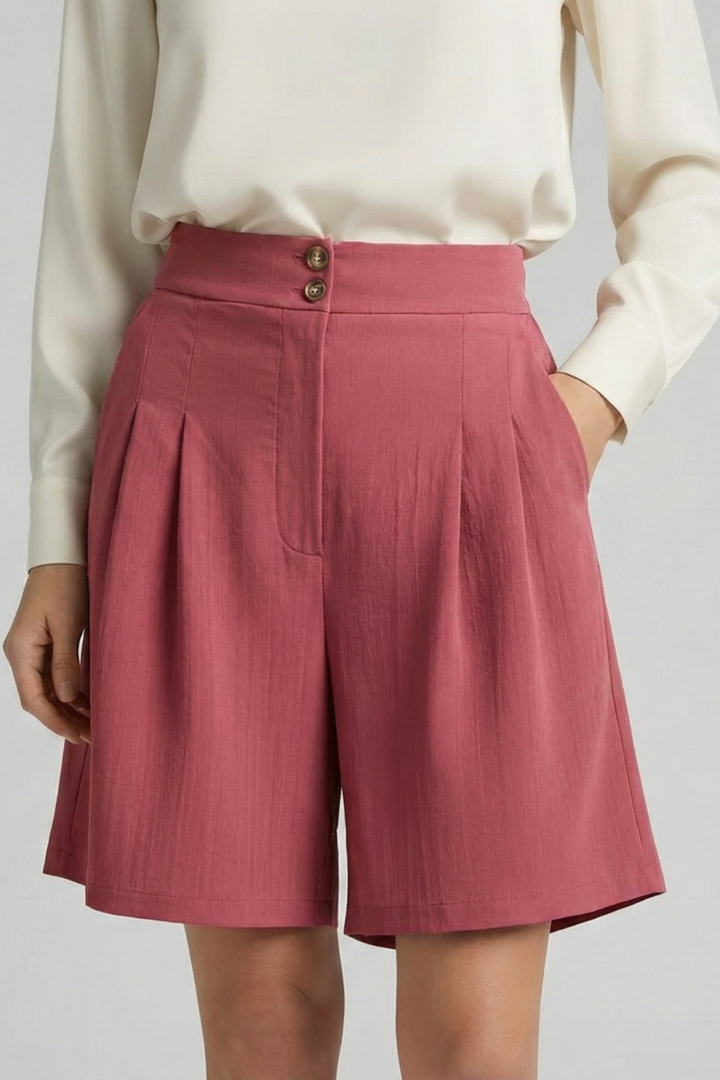 Versatile high waist pleated tailored shorts in khaki, an essential for women's fashion.