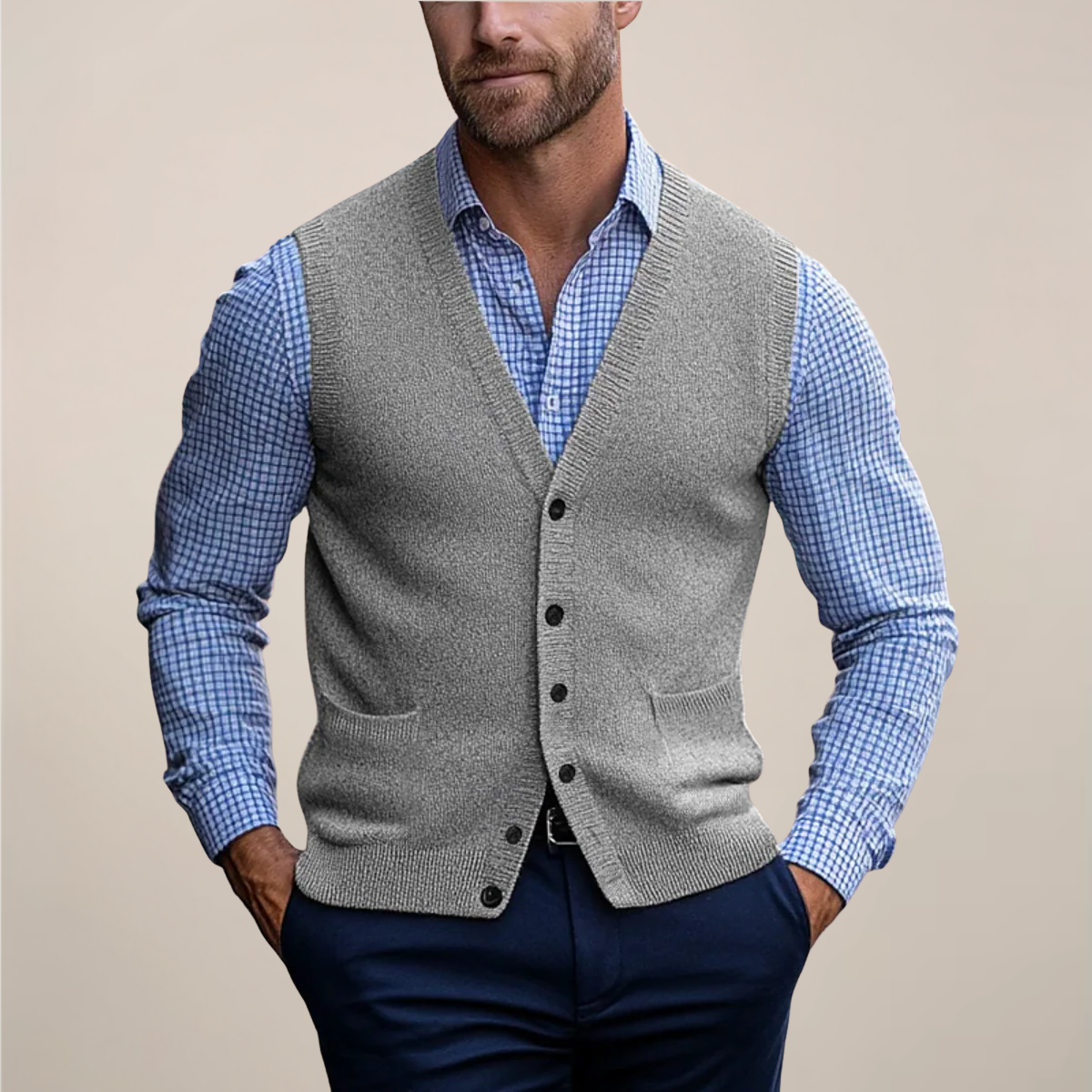 Versatile men's buttoned vest, a comfortable knit for spring, suitable for various smart casual occasions.