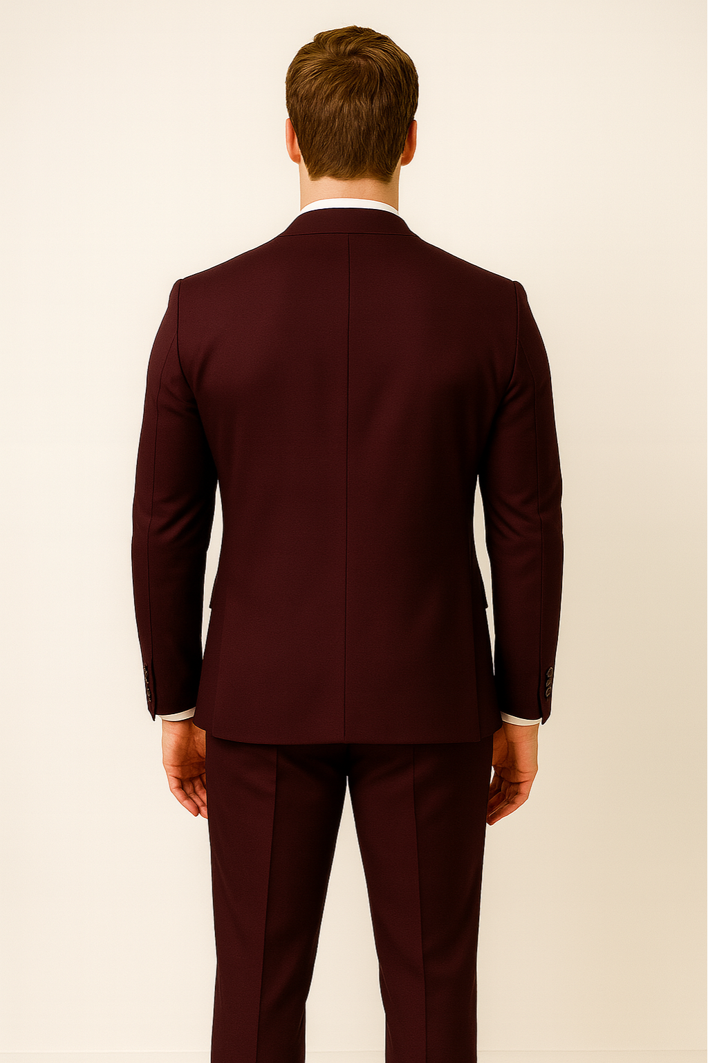 Complete men's burgundy three-piece formal suit, suitable for business or special occasions