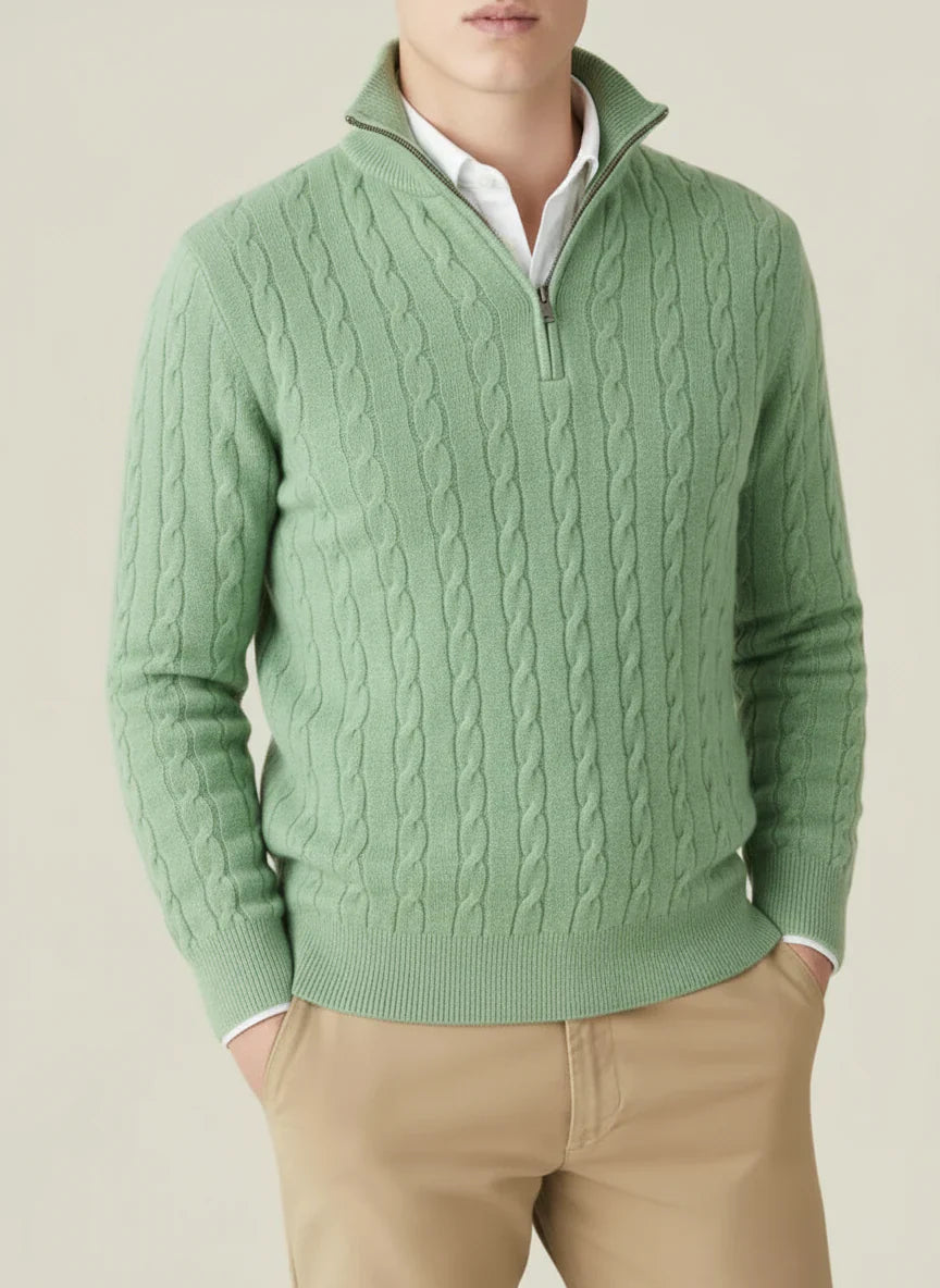 Men's grey cable knit half zip sweater, a timeless addition to any casual wardrobe.