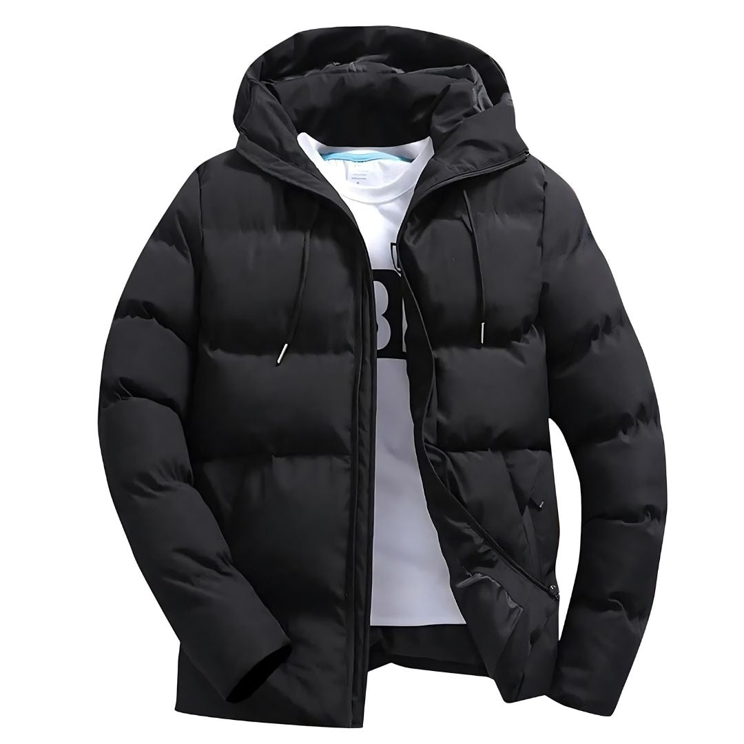 Detail of men's hooded winter jacket, insulated for maximum warmth and comfort