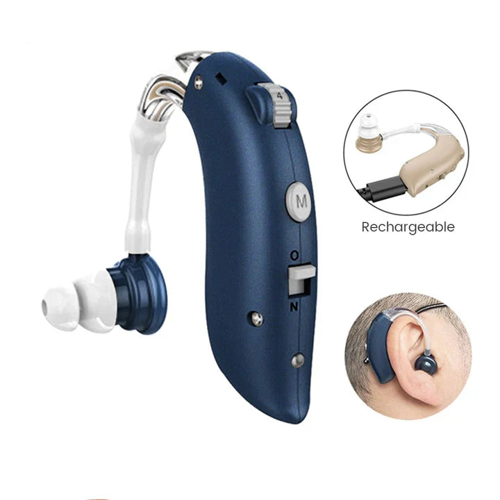 Rechargeable hearing aid, a discreet sound amplifier providing clear audio for better hearing.