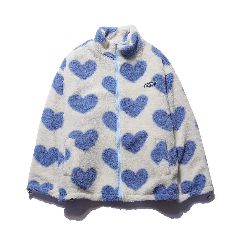 Versatile women's reversible heart motif jacket, a chic and warm option for colder weather