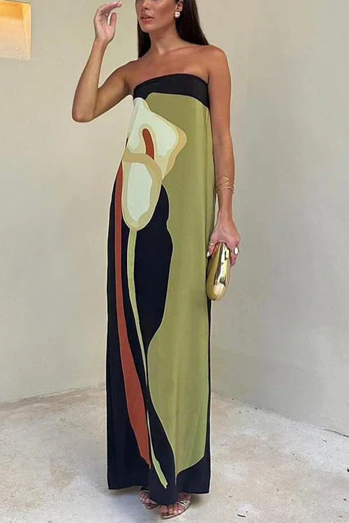 Women's elegant strapless maxi dress in a flowing print, ideal for summer evenings & events.