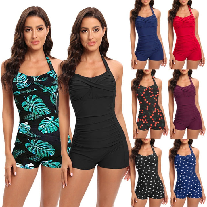 Plus size women's tummy control one-piece swimsuit with modest leg for flattering poolside style.