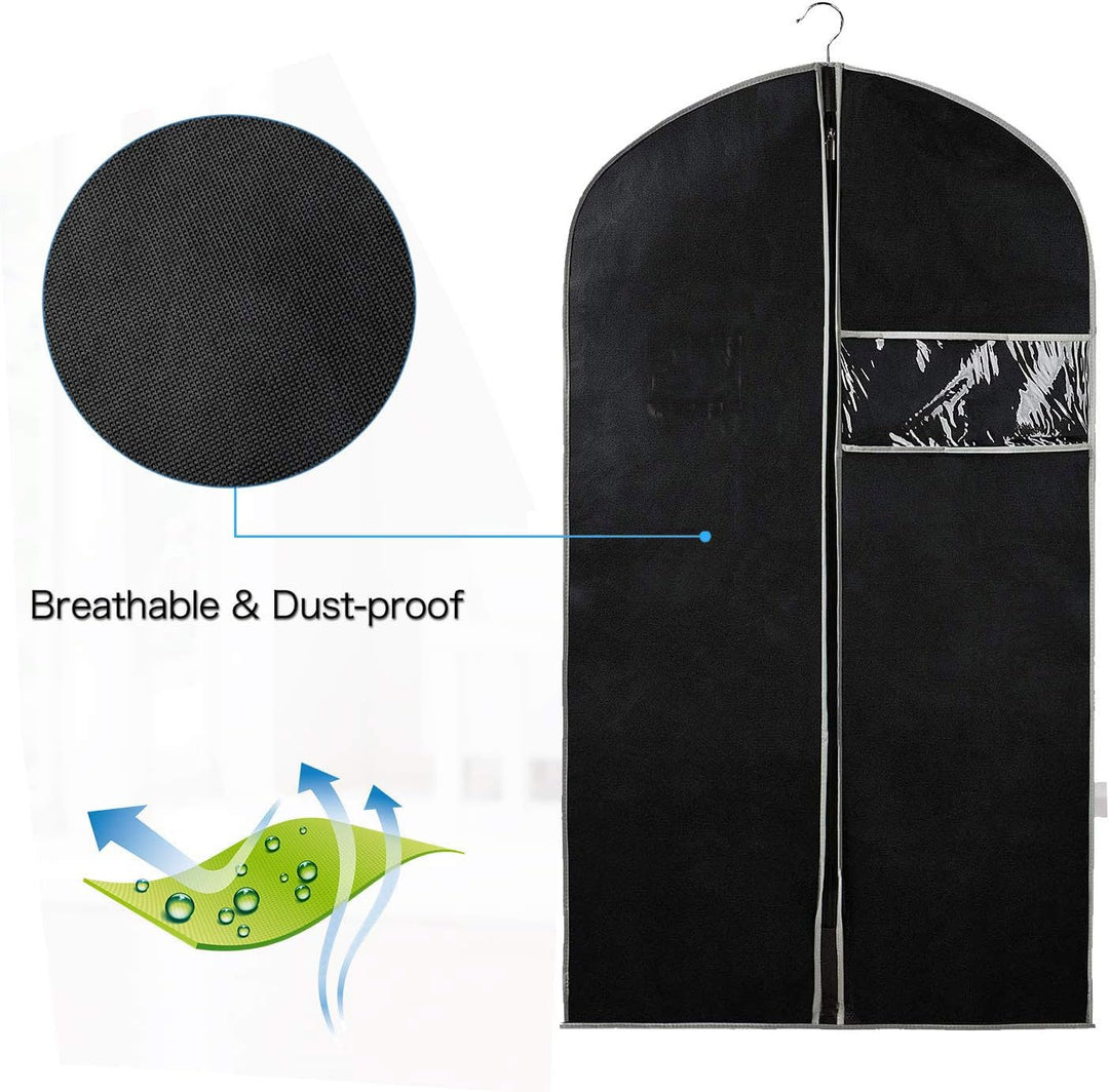 Breathable fabric 10-pack garment bags with clear window, offering dust protection for dresses, suits, and seasonal clothes.