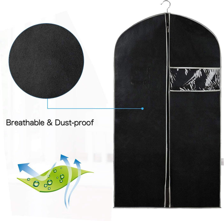 Breathable fabric 10-pack garment bags with clear window, offering dust protection for dresses, suits, and seasonal clothes.