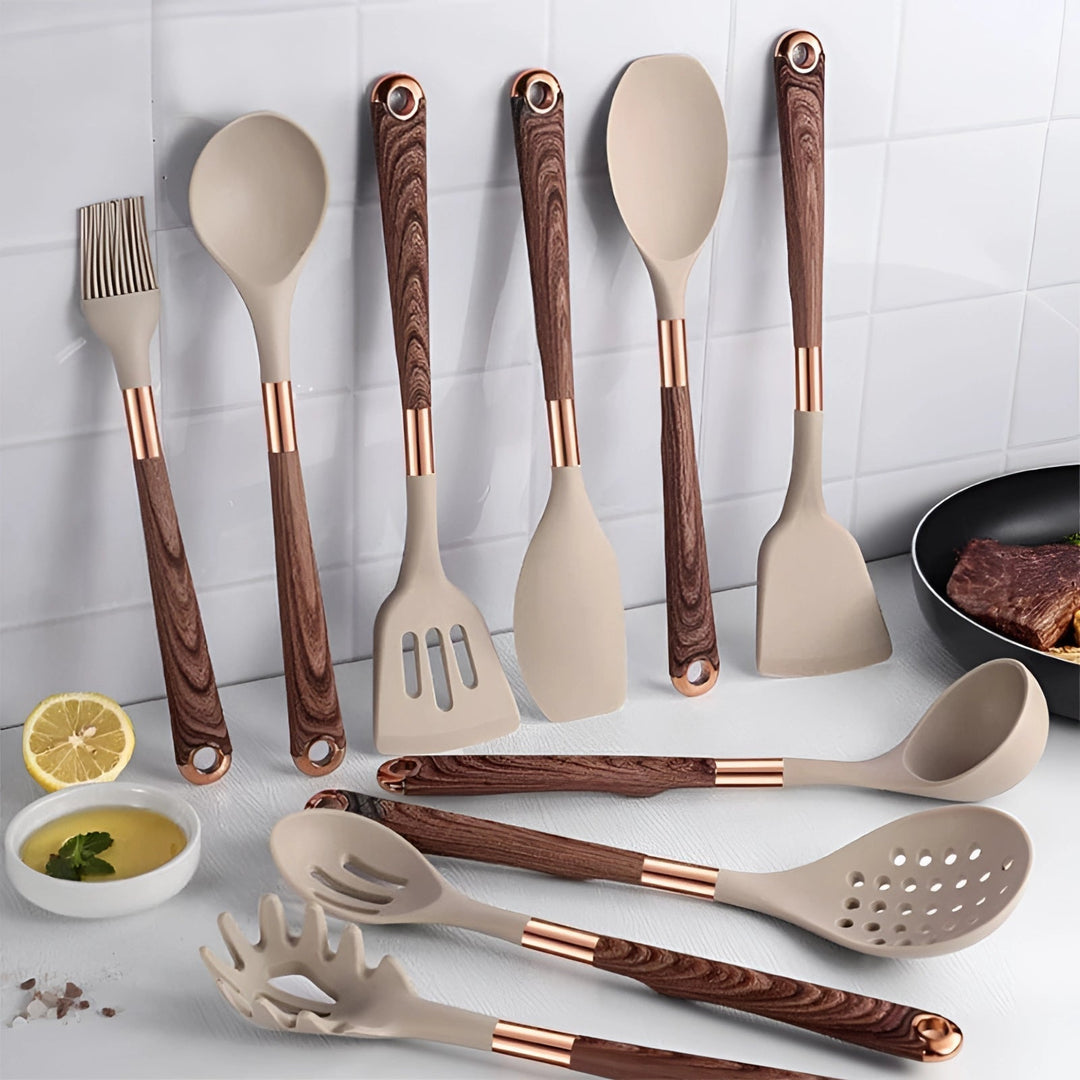 10-piece silicone & wood kitchen utensil set, perfect for home chefs. Heat-resistant & non-stick safe cooking tools.