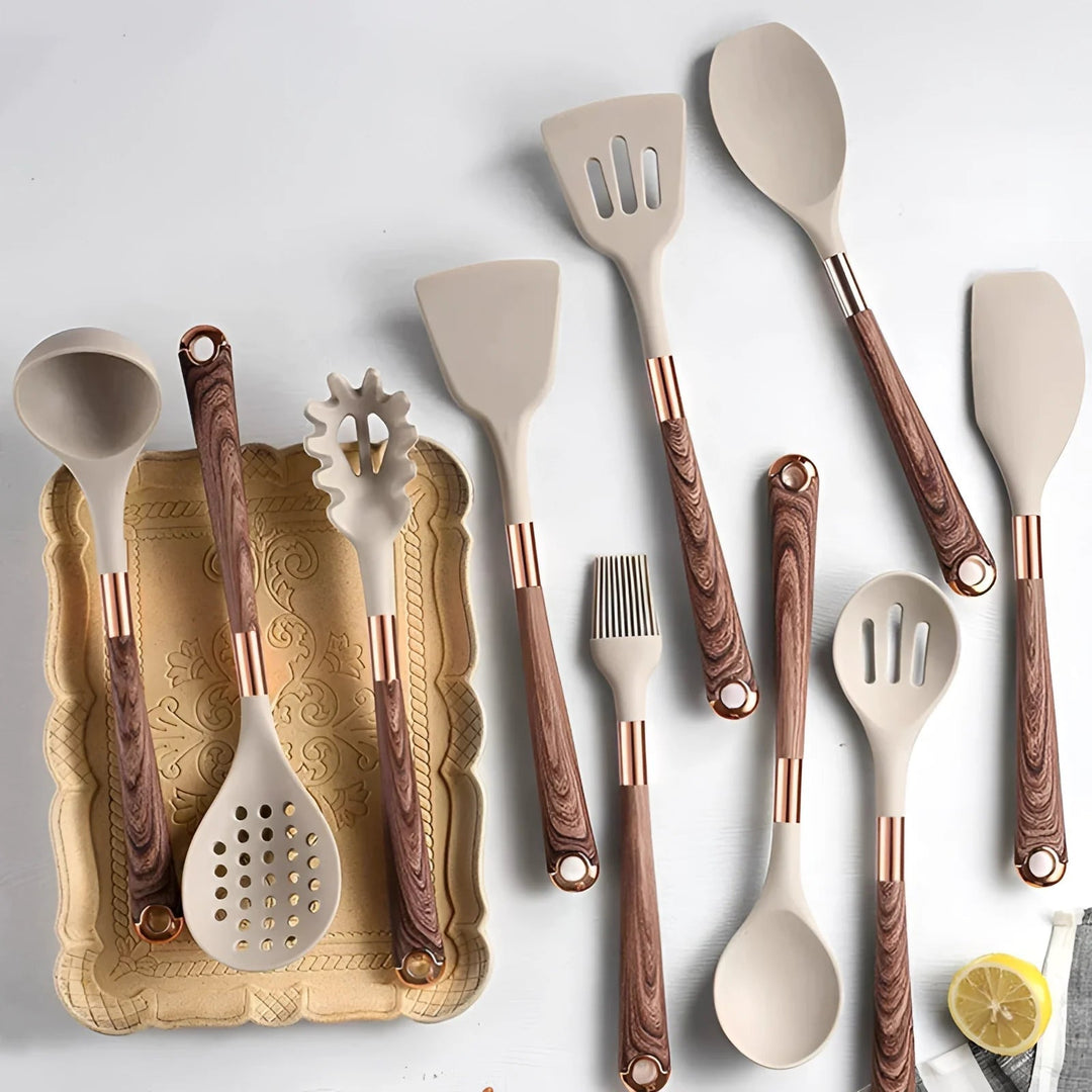 Close-up of a premium silicone spatula with durable wooden handle, ideal for non-stick cooking & baking.