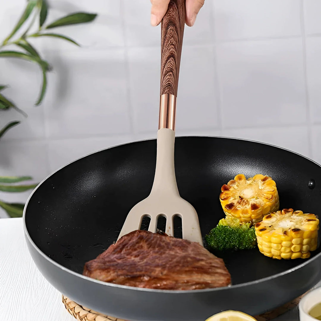 Elegant 10-piece kitchenware set with heat-resistant silicone heads & natural wood handles for modern culinary needs.