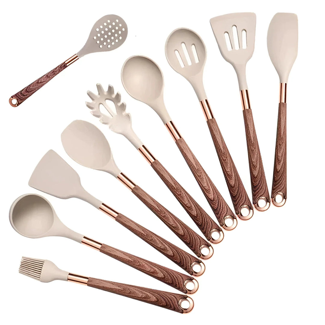 Complete 10-piece silicone & wood utensil set displayed neatly, essential kitchen tools for every home chef.