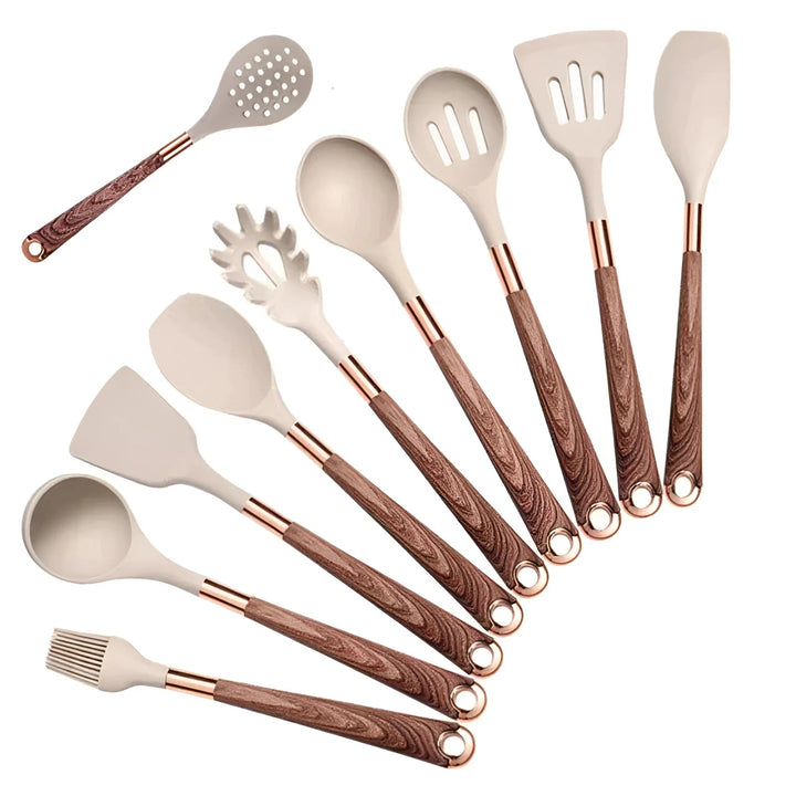 Complete 10-piece silicone & wood utensil set displayed neatly, essential kitchen tools for every home chef.