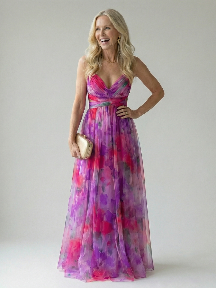 Elegant women's sleeveless wrap maxi dress, soft and flowy, great for summer outings.