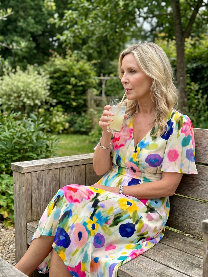 Pretty women's spring midi dress, vibrant floral pattern, light flutter sleeves, and a stylish v-neck.