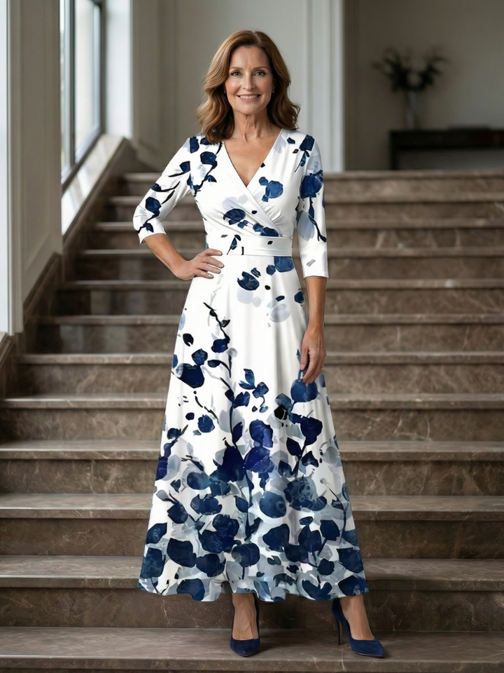 Full length: Elegant women's floral cross wrap midi dress, perfect for summer elegance.