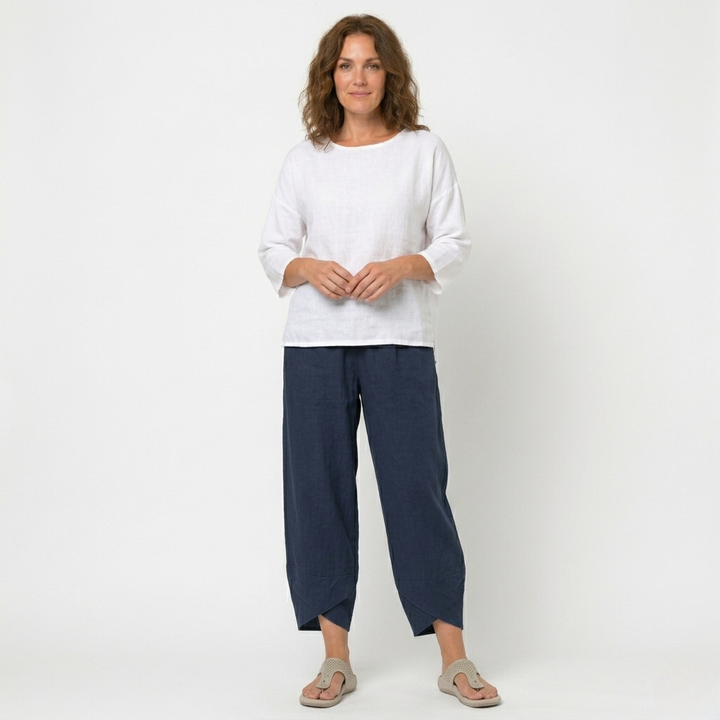 Women's high-waisted tulip hem trousers in a chic, relaxed fit. Perfect for summer comfort.