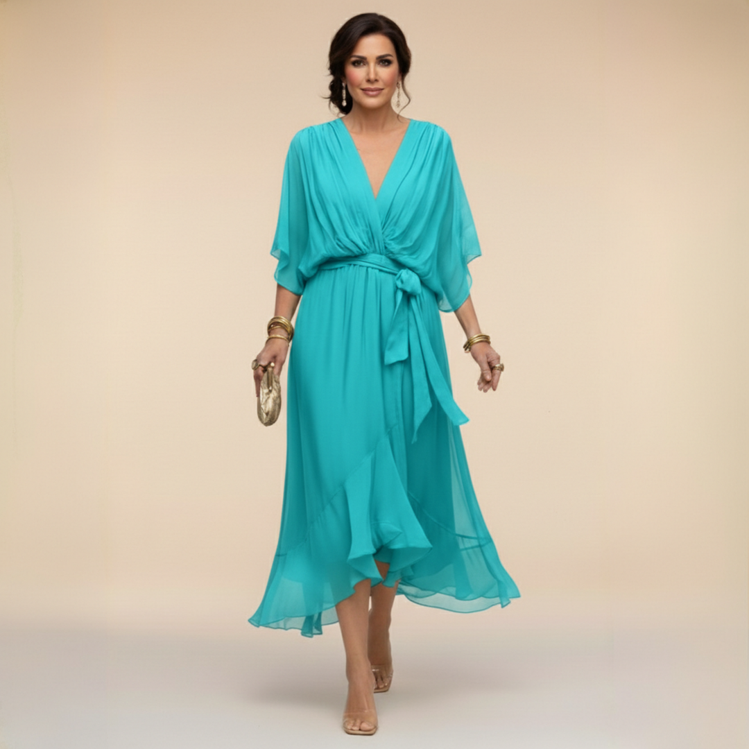 Elegant women's V-neck flowy sleeve dress, a stylish midi perfect for parties & occasions.