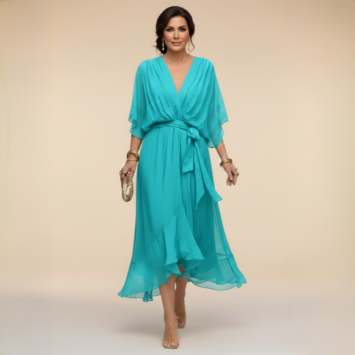 Elegant women's V-neck flowy sleeve dress, a stylish midi perfect for parties & occasions.