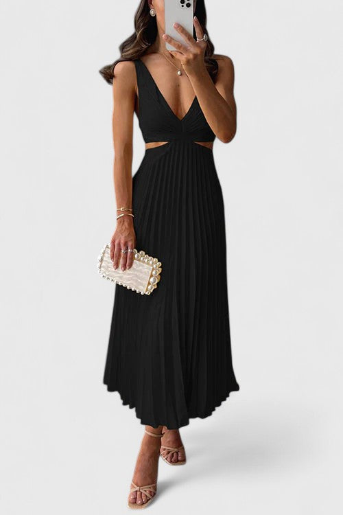 Chic vibrant pleated A-line sleeveless dress, perfect for wedding guests or summer parties.