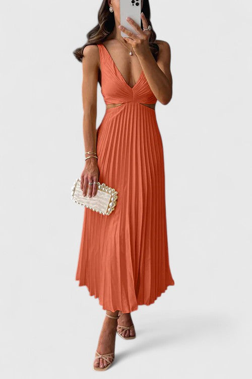 Stylish A-line pleated sleeveless cocktail dress for women, great for warm weather events.