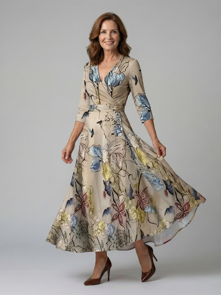 Detail: V-neckline & tie-waist on an elegant floral wrap midi dress, chic women's fashion.