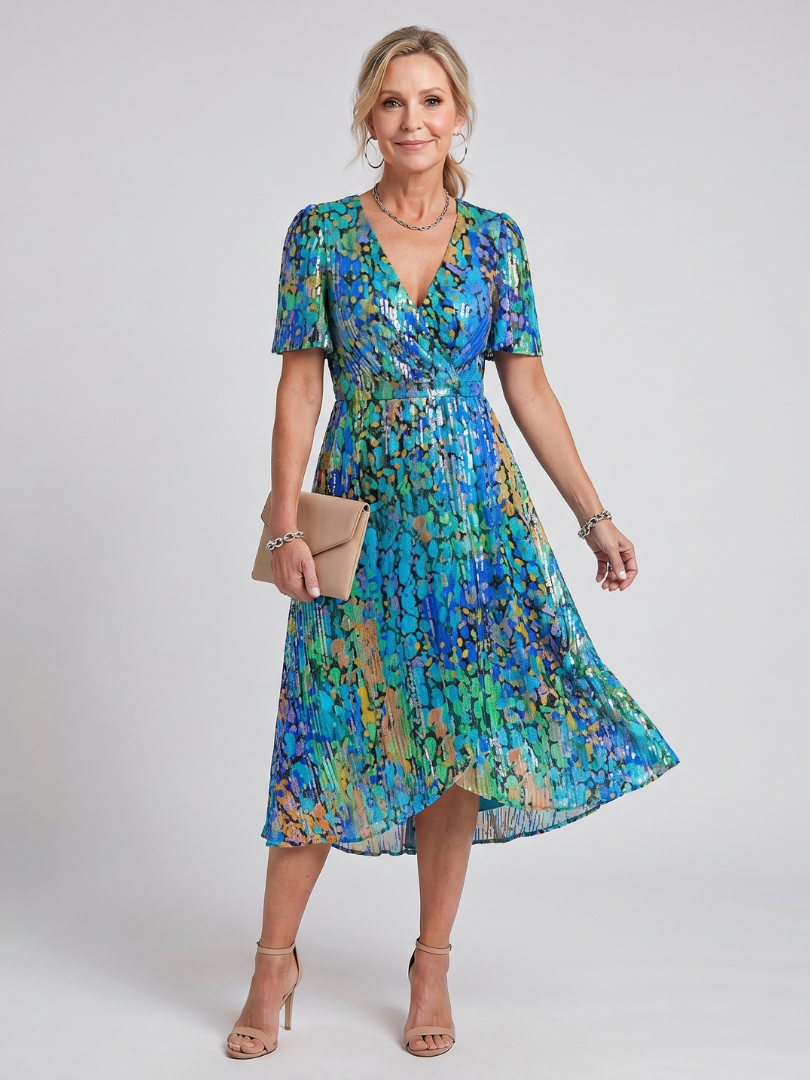 Women's day dress: elegant floral print midi with flowy flutter sleeves and a flattering gathered waist.