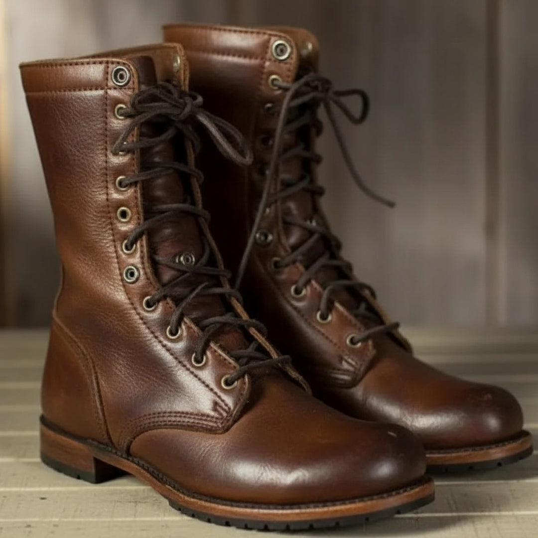 Stylish women's lace-up mid-calf boots with a round toe and low heel, perfect for fall fashion.