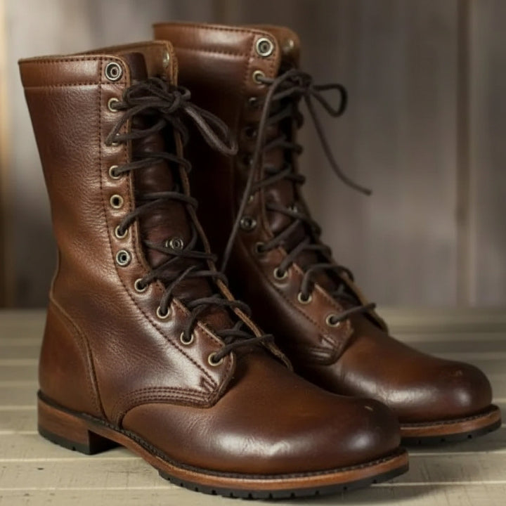 Stylish women's lace-up mid-calf boots with a round toe and low heel, perfect for fall fashion.
