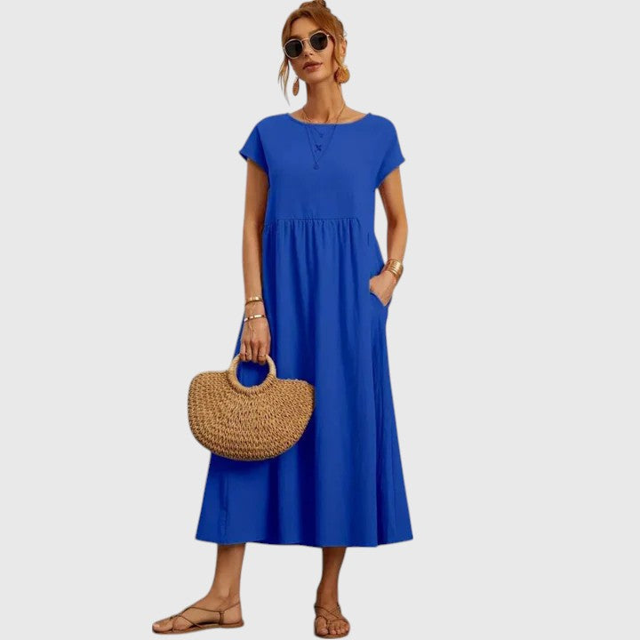 Stylish women's summer midi dress, comfortable & casual with short sleeves and useful pockets.