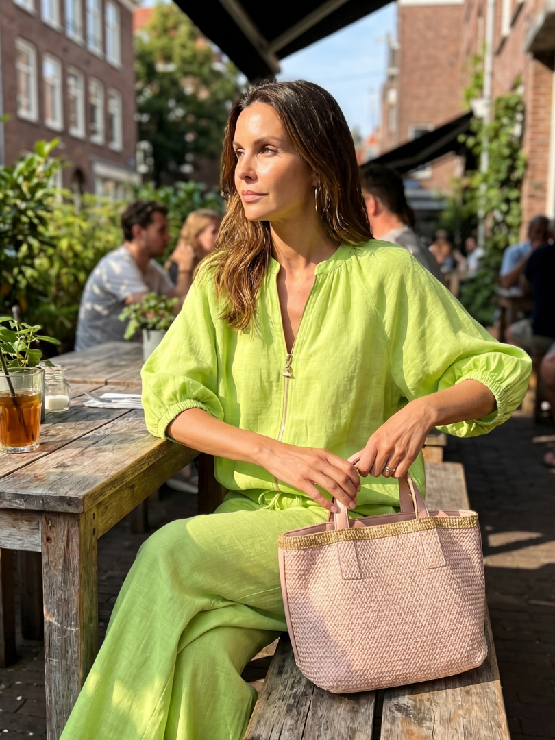 Women's zip front blouse & wide leg pant set for casual outings. A stylish, relaxed fit spring outfit.