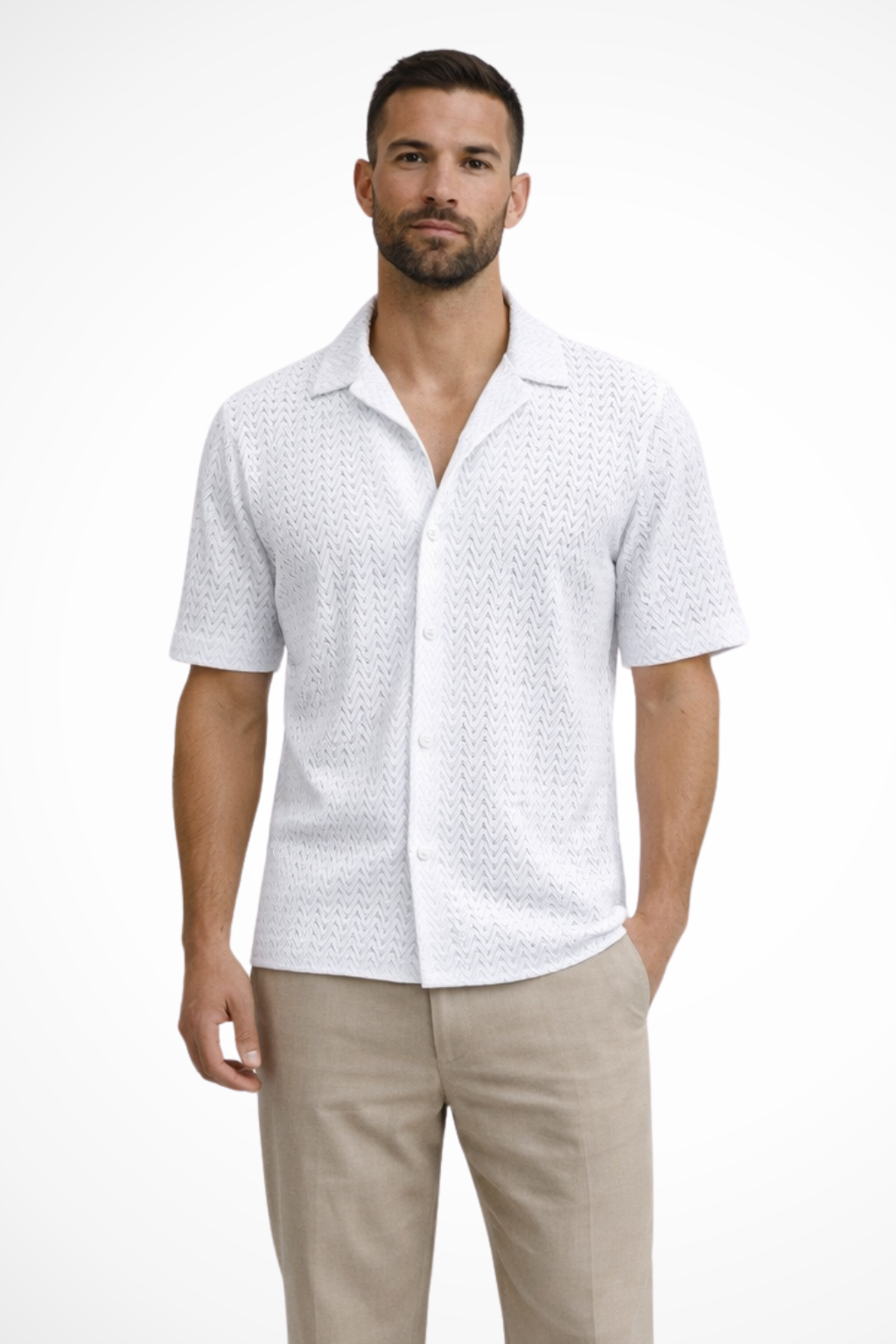 Modern men's short sleeve button-up shirt featuring a unique chevron texture, ideal for warm weather.