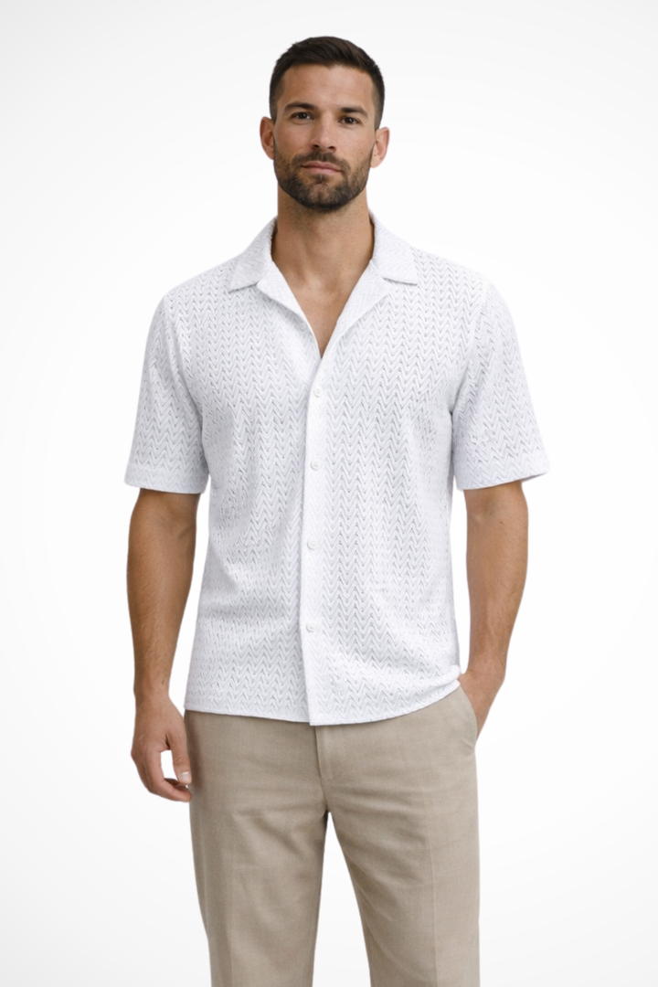 Modern men's short sleeve button-up shirt featuring a unique chevron texture, ideal for warm weather.