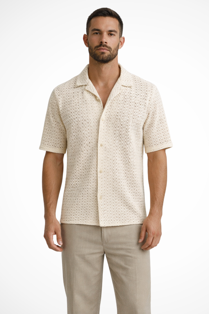 Men's short sleeve open collar shirt with a chevron texture, perfect for summer casual wear.