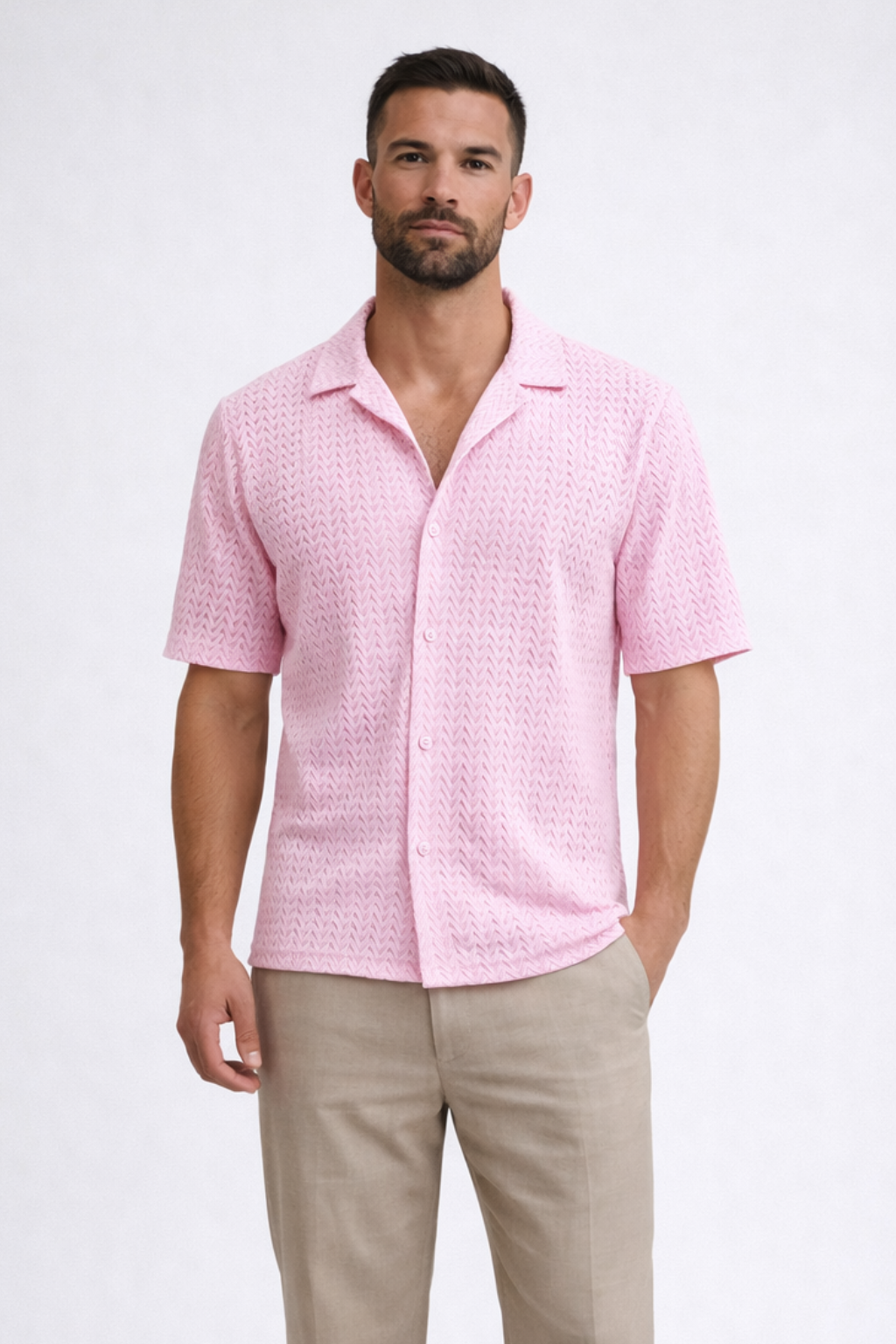 Men's casual short sleeve shirt with a contemporary chevron texture and comfortable open collar.