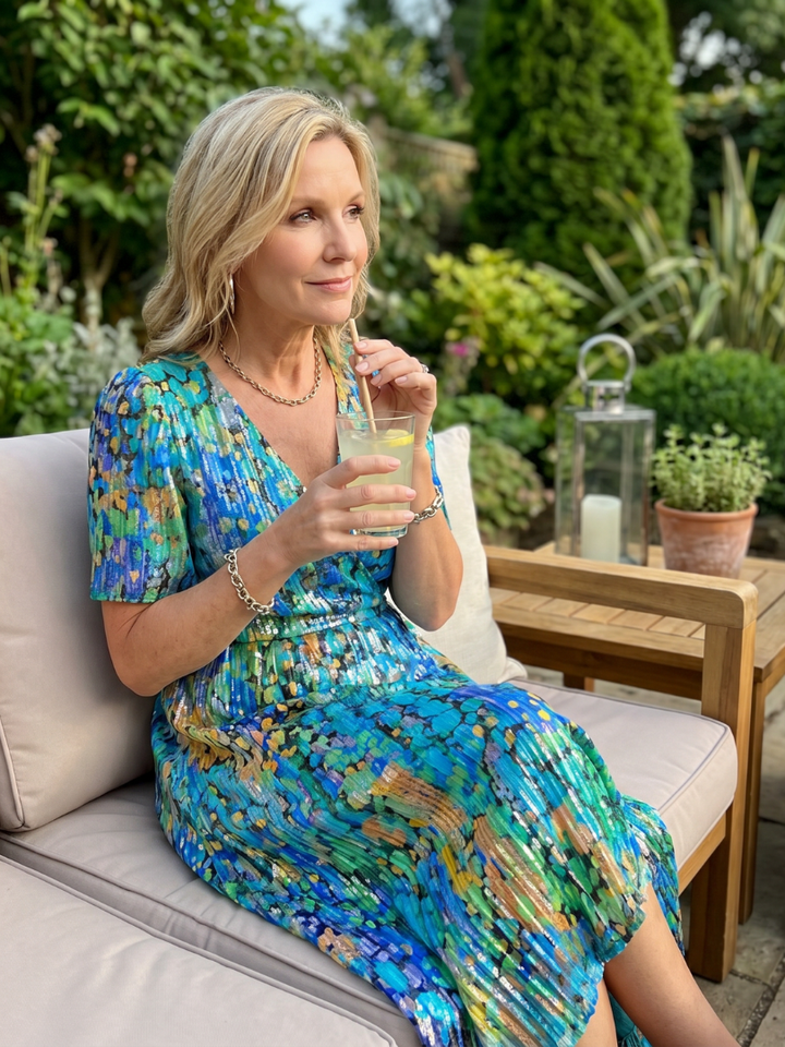 Women's vibrant floral midi dress, soft flutter sleeves, v-neck, and a gathered waist for a great fit.