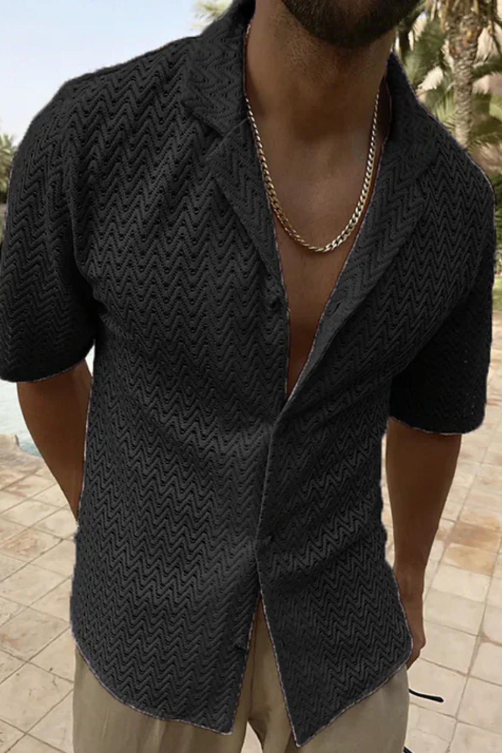 Men's open collar short sleeve shirt, trendy chevron texture, perfect for modern summer menswear.