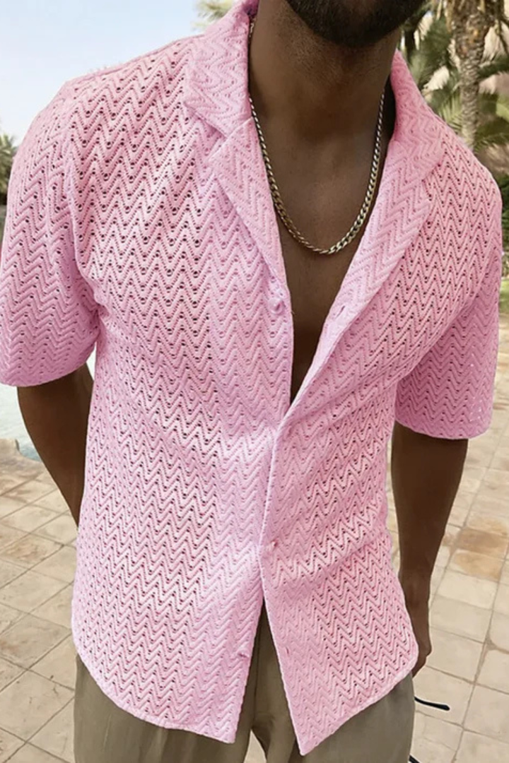Summer fashion men's shirt, short sleeve, relaxed fit, featuring a stylish open collar and chevron texture.