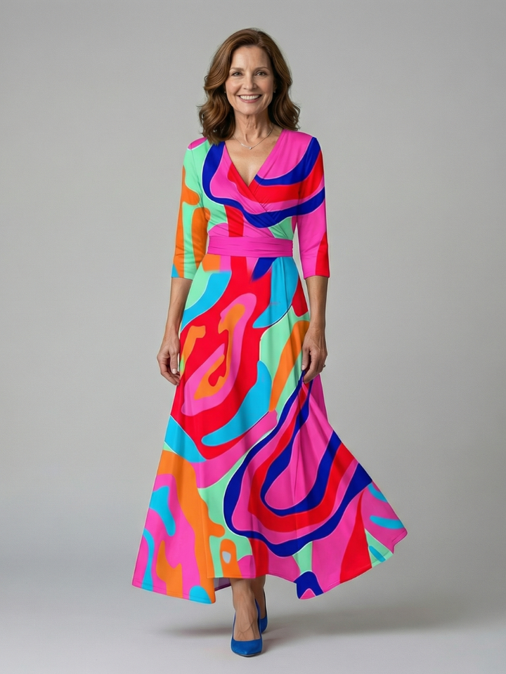 Women's elegant floral midi dress with three-quarter sleeves & flattering wrap design.