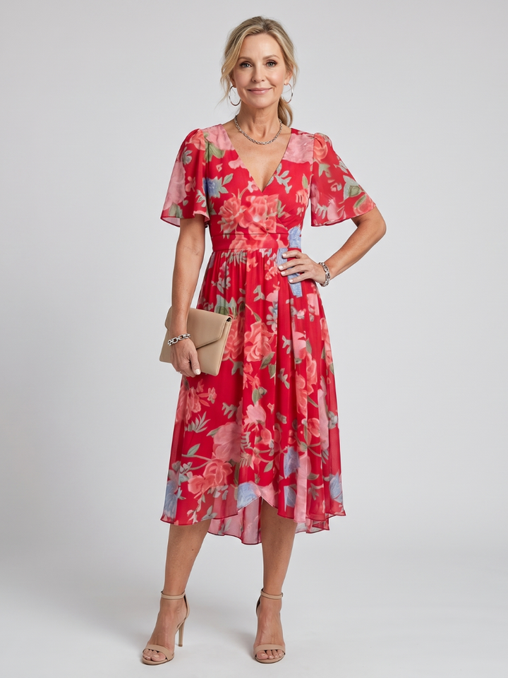 Spring/summer women's midi dress, beautiful floral print, delicate flutter sleeves, and a v-neck opening.