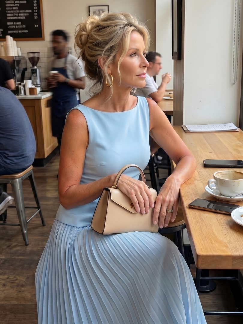 Women's casual yet elegant two-piece set: structured bodice and a stylish pleated skirt. Versatile outfit.
