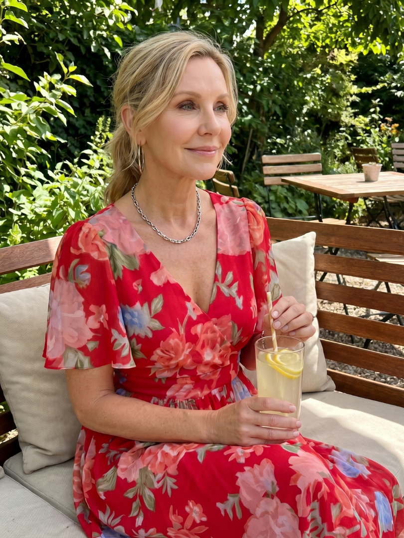 Flattering women's floral midi dress, gathered waist, v-neck, and stylish flutter sleeves for any occasion.