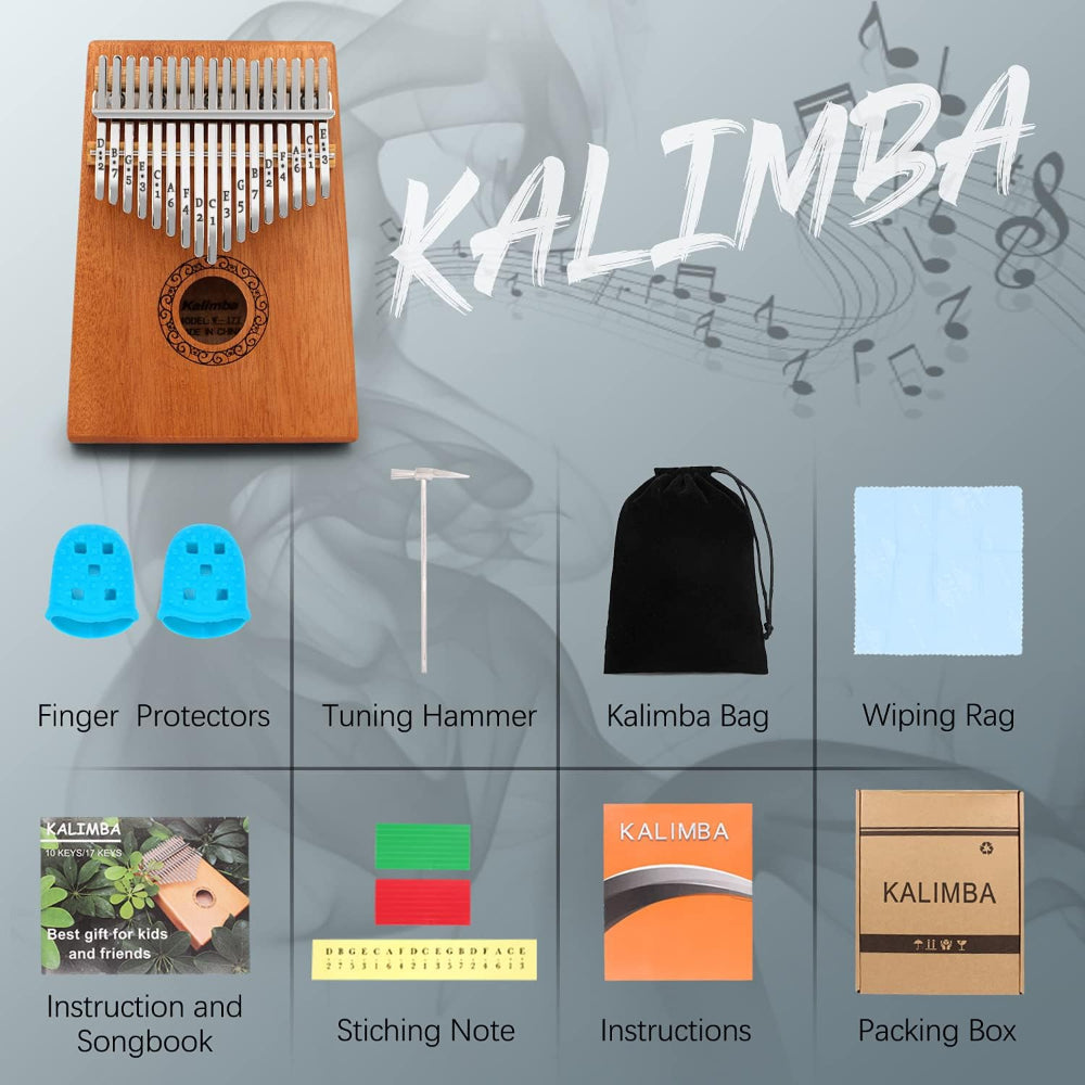 Compact 17-key kalimba thumb piano, a versatile wooden instrument for music, relaxation & travel.