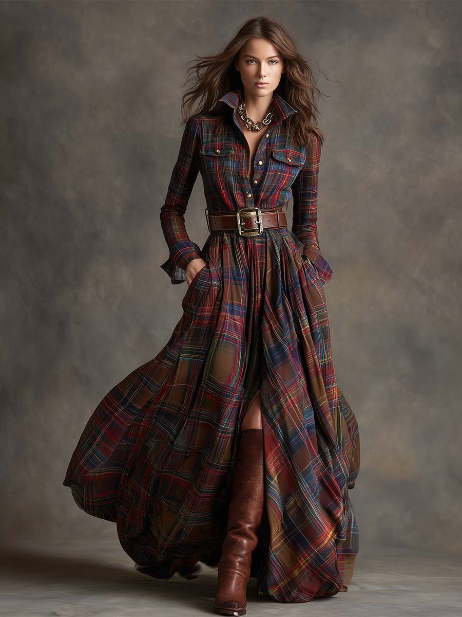 Beautiful women's elegant belted plaid maxi dress, offering a sophisticated and comfortable fit.