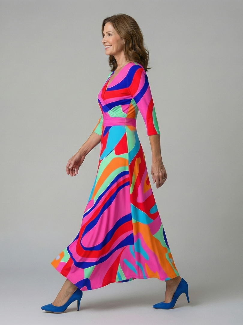 Flat lay: Beautiful floral wrap midi dress, elegant, flowing fabric, women's spring wear.