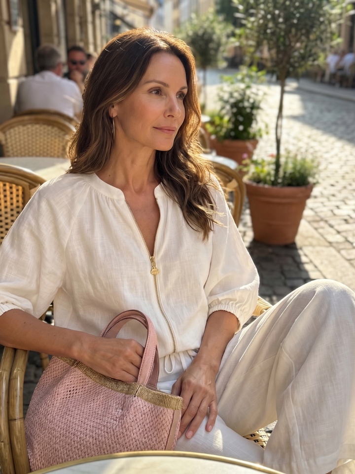 Fashionable women's two-piece: zip front blouse & wide leg pants. Relaxed fit for casual elegance.