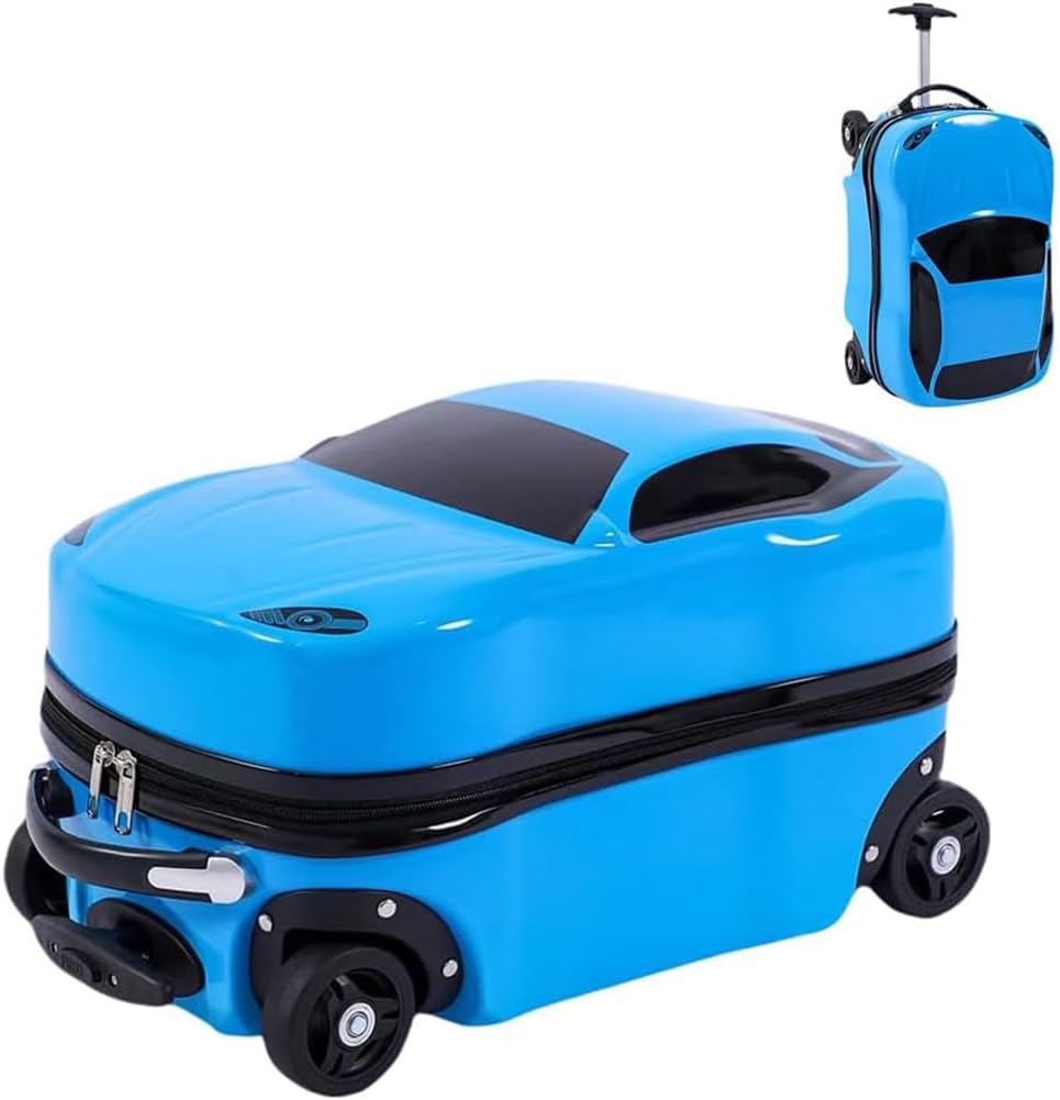 Ergonomic 18-inch pull-along car suitcase for kids. Wheeled children's luggage with retractable handle for easy travel.