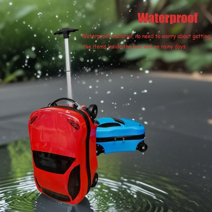 Fun car design 18-inch pull-along suitcase for kids. Wheeled luggage with retractable handle for easy travel adventures.