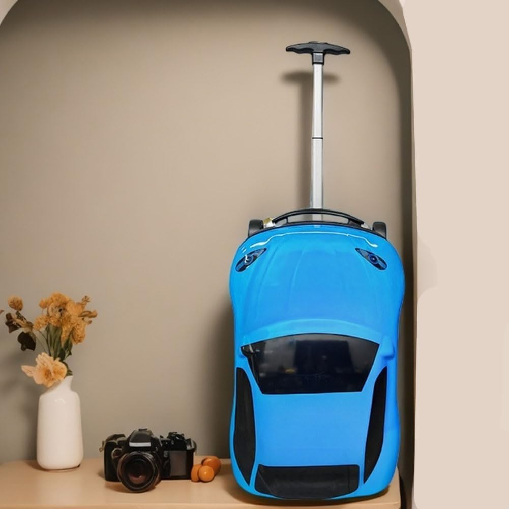 Durable 18-inch children's car suitcase. Pull-along wheeled luggage with retractable handle, ideal for kids' travel.