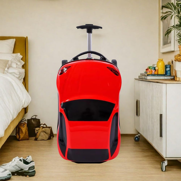 Easy-to-maneuver 18-inch kids' car suitcase. Retractable handle, wheeled pull-along travel bag for vacation essentials.